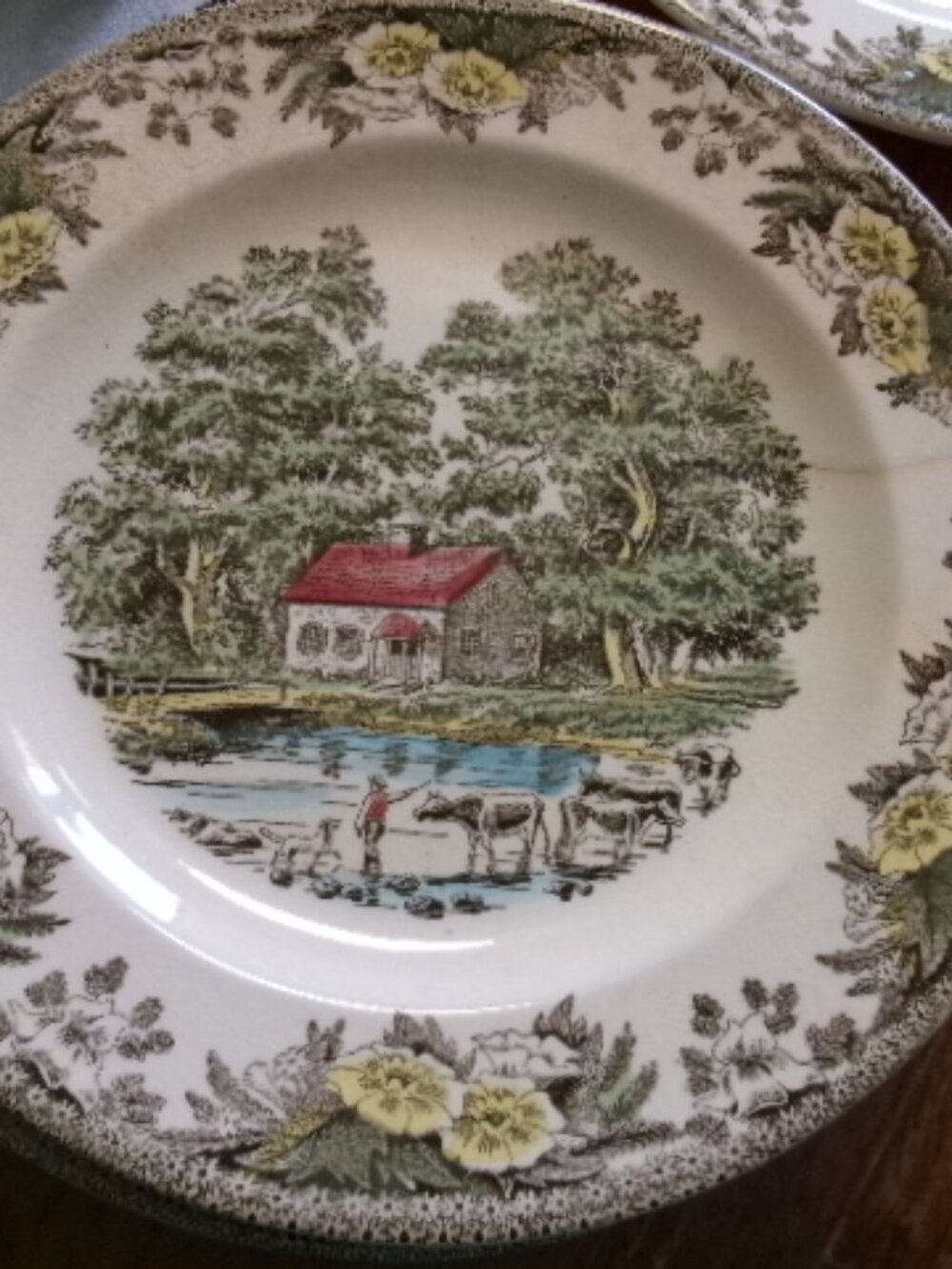 6-1950s Fair oaks royal China farm scene man w/ cows10 in dinner